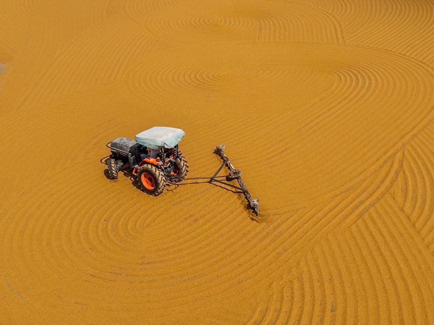 An aerial view of a tractor equipped with a large spraying attachment, situated on a large expanse of tilled, golden-brown soil. The field shows evenly spaced, curved furrows created during the cultivation process, with no visible crops or plants. The tractor's cab is white with a protective cover, and it has prominent orange wheels. The spraying equipment extends from the tractor, with two long, narrow spray bars positioned horizontally and slightly angled downward, indicating it is likely used for agricultural spraying or fertilization. The image captures the machinery in the centre of the frame, emphasizing the vastness of the prepared field, with natural lighting highlighting the textures of the soil and furrows. Although primarily related to farming, this scene can be linked to the logistical effort involved in moving large equipment and materials, similar to the processes involved in home relocation and furniture transport, as seen in professional removals with [COMPANY_NAME] specializing in house and furniture removals.